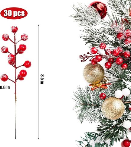 Suartus Snow Frosted Artificial Red Berry Stems, 30Pcs Snow Christmas Red Holly Berry Branches,8.9in Fake Christmas Frost Red Berries Spray Branches for Christmas Tree Winter Holiday Decor in Saudi Arabia