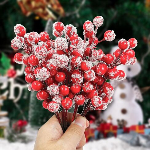 Suartus Snow Frosted Artificial Red Berry Stems, 30Pcs Snow Christmas Red Holly Berry Branches,8.9in Fake Christmas Frost Red Berries Spray Branches for Christmas Tree Winter Holiday Decor in Saudi Arabia