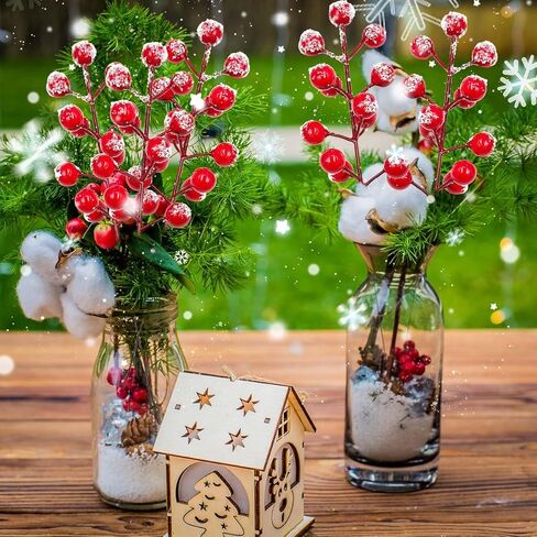 Suartus Snow Frosted Artificial Red Berry Stems, 30Pcs Snow Christmas Red Holly Berry Branches,8.9in Fake Christmas Frost Red Berries Spray Branches for Christmas Tree Winter Holiday Decor in Saudi Arabia