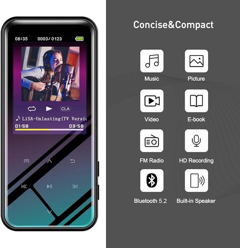 مشغل MP3 سعة 72 جيجابايت مع بلوتوث 5.2، ومشغل موسيقى مع مكبر صوت مدمج بشاشة 2.4 بوصة، وراديو FM، ومسجل صوت، وصوت HiFi، ووظيفة الكتاب الإلكتروني، وسماعات الأذن متضمنة in Kuwait