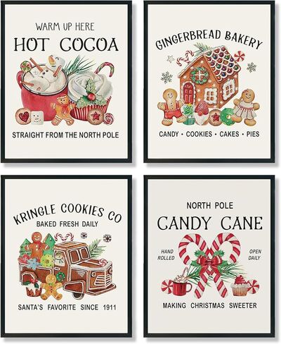 ULEGIE Vintage Christmas Hot Cocoa Gingerbread Bakery Candy Cane Wall Art Prints Set of 4, Gingerbread Wall Decor, Christmas Wall Decorations, Christmas Posters Wall Decor, 8x10 Inches Unframed in Kuwait
