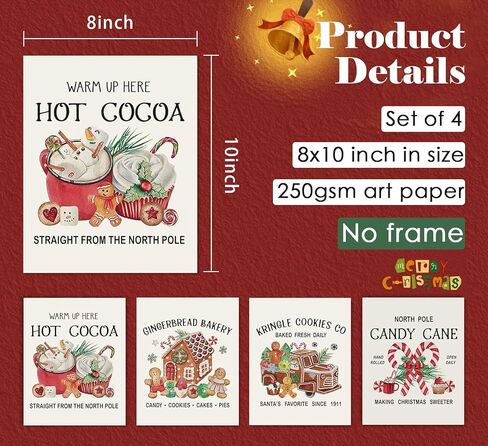ULEGIE Vintage Christmas Hot Cocoa Gingerbread Bakery Candy Cane Wall Art Prints Set of 4, Gingerbread Wall Decor, Christmas Wall Decorations, Christmas Posters Wall Decor, 8x10 Inches Unframed in Kuwait