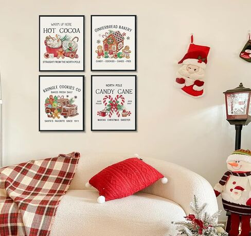 ULEGIE Vintage Christmas Hot Cocoa Gingerbread Bakery Candy Cane Wall Art Prints Set of 4, Gingerbread Wall Decor, Christmas Wall Decorations, Christmas Posters Wall Decor, 8x10 Inches Unframed in Kuwait