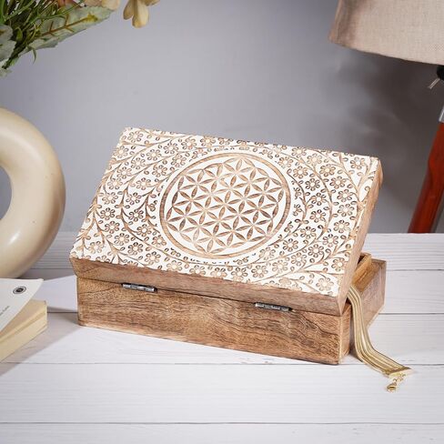 Ajuny Wooden Handcrafted Decorative Jewelry Storage Box Tree of Life Design White Multipurpose Treasure Chest Organizer Travel Keepsake Trinket Holder Watch Box Gifts 8x5 Inch in Saudi Arabia