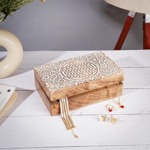 Ajuny Wooden Handcrafted Decorative Jewelry Storage Box Tree of Life Design White Multipurpose Treasure Chest Organizer Travel Keepsake Trinket Holder Watch Box Gifts 8x5 Inch in Saudi Arabia