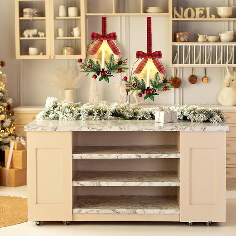 2 Pcs Kitchen Cabinet Wreath Lighted Christmas Wreaths, Xmas Wreath for Front Door Christmas Decor, Artificial Wreath Christmas Party Decorations for Door Window Indoor Outdoor in Saudi Arabia