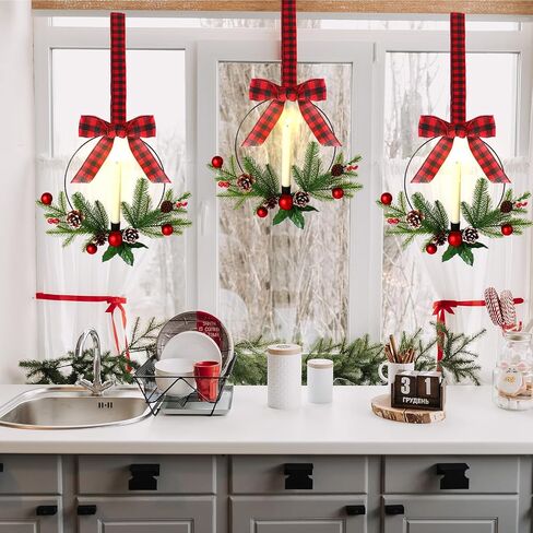 2 Pcs Kitchen Cabinet Wreath Lighted Christmas Wreaths, Xmas Wreath for Front Door Christmas Decor, Artificial Wreath Christmas Party Decorations for Door Window Indoor Outdoor in Saudi Arabia