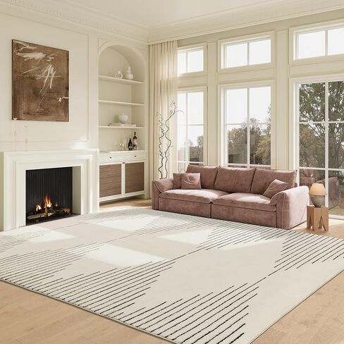 HOMBYS Modern Shag Area Rug 8x10ft for Living Room Bedroom, Abstract Plush Non-Shedding Rugs for Dining Room, Thick Soft Transitional Cream Carpet Home Decoration, Beige ﻿ in Saudi Arabia
