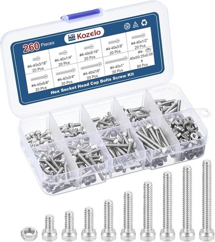 260 قطعة #4-40 براغي غطاء رأس المقبس، مجموعة متنوعة من البراغي والصواميل - [5/8 بوصة إلى 3/16 بوصة] 304 محرك مقبس ألين من الفولاذ المقاوم للصدأ للطابعة ثلاثية الأبعاد in Kuwait