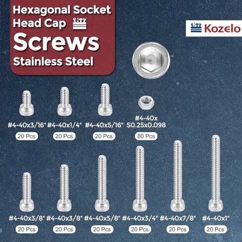 260 قطعة #4-40 براغي غطاء رأس المقبس، مجموعة متنوعة من البراغي والصواميل - [5/8 بوصة إلى 3/16 بوصة] 304 محرك مقبس ألين من الفولاذ المقاوم للصدأ للطابعة ثلاثية الأبعاد in Kuwait