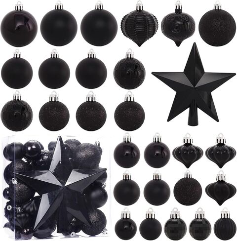 52-Pack Shatterproof Black Christmas Tree Ornaments and Star Topper - For Holiday Decor in Saudi Arabia