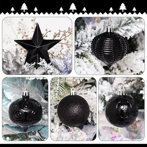 52-Pack Shatterproof Black Christmas Tree Ornaments and Star Topper - For Holiday Decor in Saudi Arabia