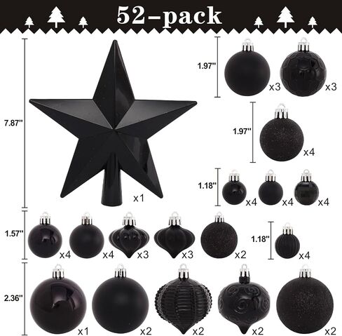 52-Pack Shatterproof Black Christmas Tree Ornaments and Star Topper - For Holiday Decor in Saudi Arabia