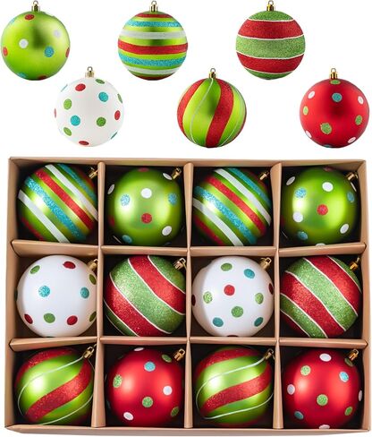 4 بوصة كبيرة الحلي كرة عيد الميلاد، 12PCS شاتيربروف أحمر أخضر أبيض الحلي عيد الميلاد لشجرة، الكلاسيكية البولكا نقطة عيد الميلاد الحلي شنقا الديكور لعيد الميلاد / الزفاف / حزب / مول / مهرجان in Saudi Arabia