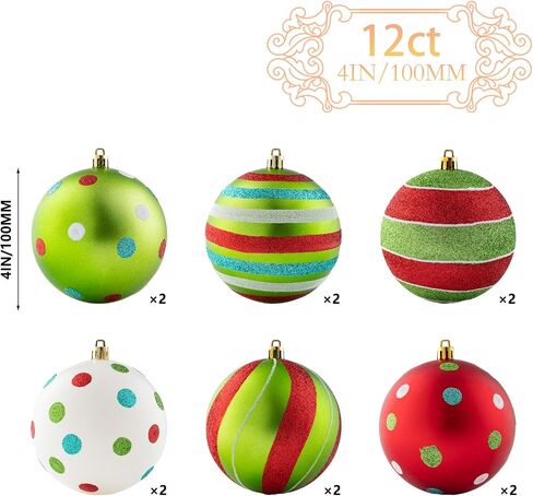 4 بوصة كبيرة الحلي كرة عيد الميلاد، 12PCS شاتيربروف أحمر أخضر أبيض الحلي عيد الميلاد لشجرة، الكلاسيكية البولكا نقطة عيد الميلاد الحلي شنقا الديكور لعيد الميلاد / الزفاف / حزب / مول / مهرجان in Saudi Arabia