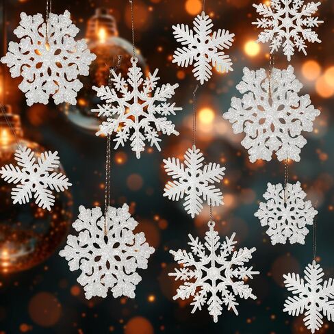 48pcs White Plastic Snowflake Decorations Christmas Tree Ornaments Glitter Snow Flakes Ornaments Christmas Indoor Winter Wonderland Decor，3 Sizes， 3Styles in Saudi Arabia