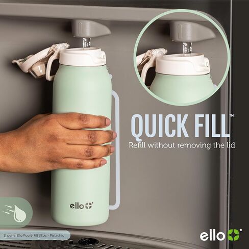 زجاجة مياه من الفولاذ المقاوم للصدأ من Ello Pop & fill مع تقنية التعبئة السريعة، معدن معزول بالتفريغ بجدار مزدوج، غطاء قفل مانع للتسرب، رشفة وشغ، خالية من مادة BPA، هدية العيد لها، 22oz، 32oz in Saudi Arabia