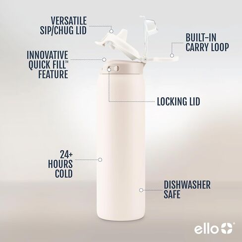 زجاجة مياه من الفولاذ المقاوم للصدأ من Ello Pop & fill مع تقنية التعبئة السريعة، معدن معزول بالتفريغ بجدار مزدوج، غطاء قفل مانع للتسرب، رشفة وشغ، خالية من مادة BPA، هدية العيد لها، 22oz، 32oz in Saudi Arabia