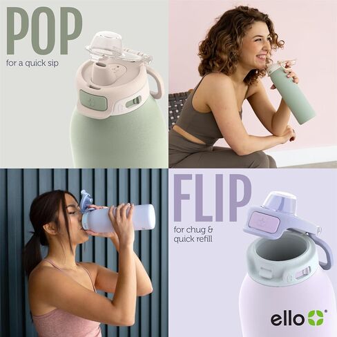 زجاجة مياه من الفولاذ المقاوم للصدأ من Ello Pop & fill مع تقنية التعبئة السريعة، معدن معزول بالتفريغ بجدار مزدوج، غطاء قفل مانع للتسرب، رشفة وشغ، خالية من مادة BPA، هدية العيد لها، 22oz، 32oz in Saudi Arabia