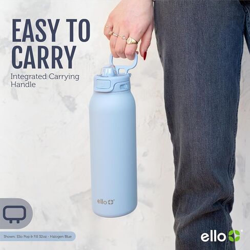زجاجة مياه من الفولاذ المقاوم للصدأ من Ello Pop & fill مع تقنية التعبئة السريعة، معدن معزول بالتفريغ بجدار مزدوج، غطاء قفل مانع للتسرب، رشفة وشغ، خالية من مادة BPA، هدية العيد لها، 22oz، 32oz in Saudi Arabia