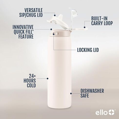 زجاجة مياه من الفولاذ المقاوم للصدأ من Ello Pop & fill مع تقنية التعبئة السريعة، معدن معزول بالتفريغ بجدار مزدوج، غطاء قفل مانع للتسرب، رشفة وشغ، خالية من مادة BPA، هدية العيد لها، 22oz، 32oz in Saudi Arabia