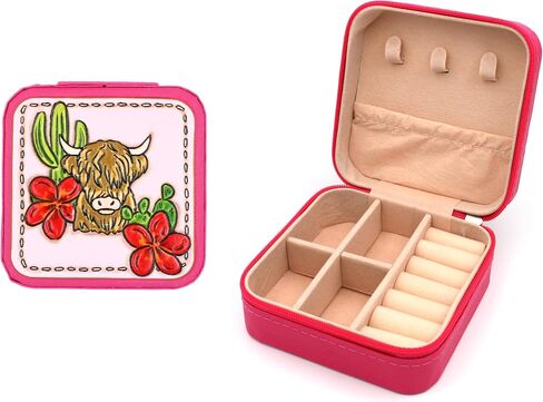 Western Theme Travel Jewelry Organizer - Portable Leather Jewelry Case for Women - Compact Storage Box for Earrings, Necklaces, Rings, and Bracelets (Highland Cattle) in Saudi Arabia