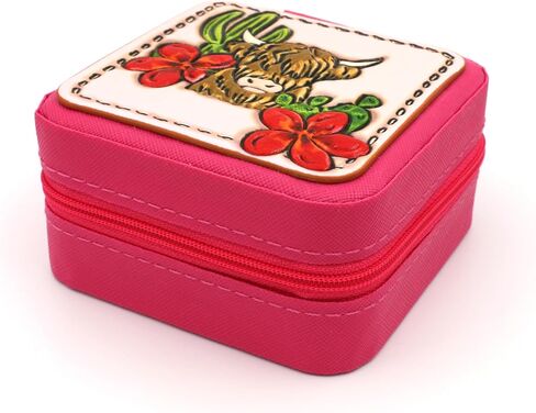 Western Theme Travel Jewelry Organizer - Portable Leather Jewelry Case for Women - Compact Storage Box for Earrings, Necklaces, Rings, and Bracelets (Highland Cattle) in Saudi Arabia