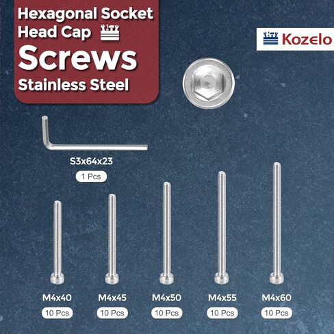50pcs M4 Socket Head Cap Screws Bolts Nuts Assortment Kit - [M4x40/45/50/55/60mm] 304 Stainless Steel Allen Socket Drive for 3D Printer with Allen Wrench in Kuwait