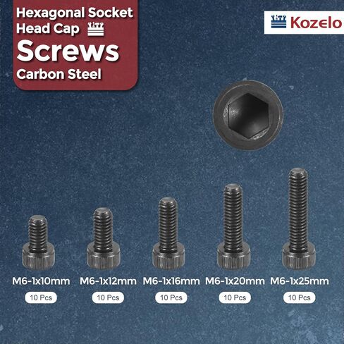 50pcs M6 Socket Head Cap Screws Bolts Nuts Assortment Kit - [M6x10/12/16/20/25mm] Alloy Steel Fully Threaded Black Oxide 12.9 Internal Hex Screw for 3D Printer Use in Saudi Arabia