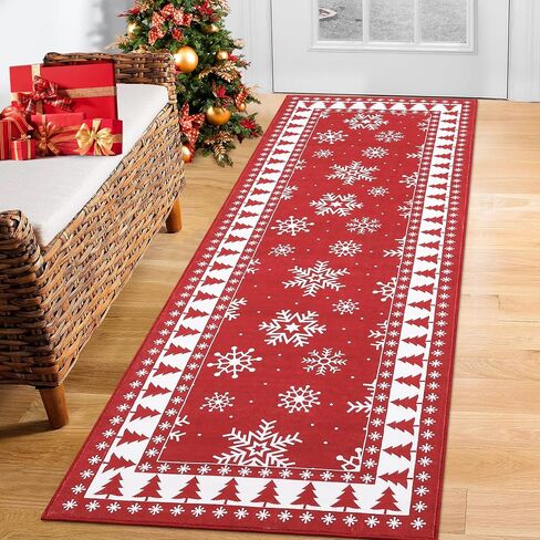 CAROMIO Christmas Hallway Runner Rug Holiday Decorative Bordered Area Rug, Washable Stain Resistant Non-Slip Floor Cover Xmas Tree and Snowflake Entrance Carpet for Laundry Kitchen, 2' x 6' in Saudi Arabia