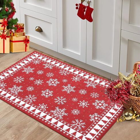 CAROMIO Christmas Hallway Runner Rug Holiday Decorative Bordered Area Rug, Washable Stain Resistant Non-Slip Floor Cover Xmas Tree and Snowflake Entrance Carpet for Laundry Kitchen, 2' x 6' in Saudi Arabia