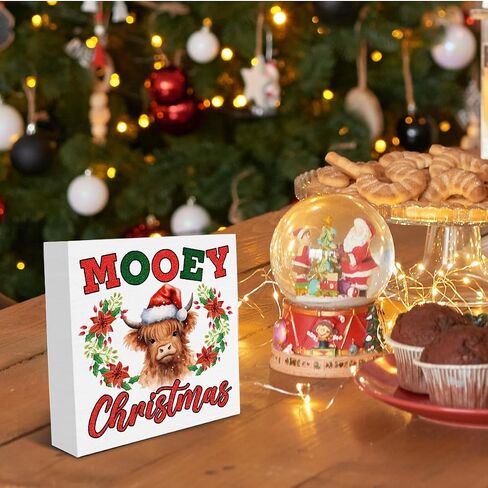 عيد الميلاد المرتفعات البقرة الزينة Mooey عيد الميلاد صندوق خشبي تسجيل لفصل الشتاء عيد الميلاد عطلة مكتب منزلي الجرف ديكور 5X5 بوصة in Kuwait