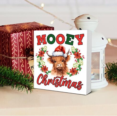 عيد الميلاد المرتفعات البقرة الزينة Mooey عيد الميلاد صندوق خشبي تسجيل لفصل الشتاء عيد الميلاد عطلة مكتب منزلي الجرف ديكور 5X5 بوصة in Kuwait