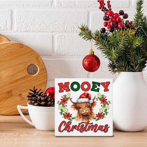 عيد الميلاد المرتفعات البقرة الزينة Mooey عيد الميلاد صندوق خشبي تسجيل لفصل الشتاء عيد الميلاد عطلة مكتب منزلي الجرف ديكور 5X5 بوصة in Kuwait