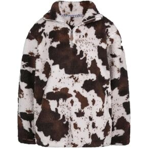 RACHAPE Women Fleece Sweatshirt Snow Zipper Hoodie Cow Print Pullover Plus Size Long Sleeve Half Zip Up Warm Winter S-3XL