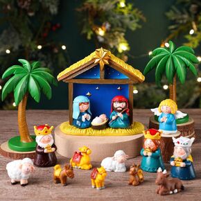Barydat 17 Pcs Mini Resin Christmas Nativity Set Little People Kids Christmas Nativity Story Scene Decor Miniature Nativity Set Advent Calendar Nativity for Toddler Educational Playset(Classic)