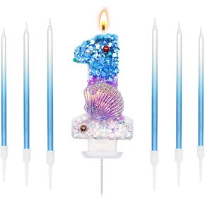 7 Pieces Glitter Birthday Candle Set, Purple Blue Pearls Shell Sequins Number Birthday Candles for Boys Girls Birthday Cakes Decorations, Cake Topper Decoration for Birthday Party (Number 7)