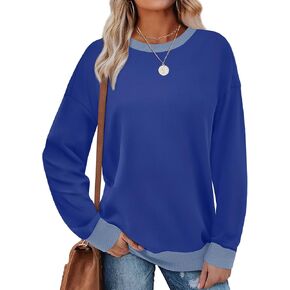 Saloogoe Sweatshirts for Women 2024 Crewneck Long Sleeve Loose Fit Tops Color Block Ribbed Trim