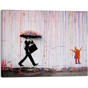Wieco Art Framed Banksy Raining Day or Colorful Graffiti Street Famous Canvas Paintings Wall Art Modern Inspirational Grey Love Pictures Print Artwork for Home Office Decor