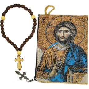 Needzo Jesus Christ Tapestry Icon Rosary Prayer Bead Pouch Case with 33 Knot Wooden Prayer Beads Set