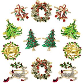 Christmas Napkin Rings, Set of 12 Xmas Napkin Ring Holders Metal Rings with Christmas Tree Wreath Deer Reindeer Bell for Christmas New Year Holiday Dinner Party Home Table Dinning Decoration