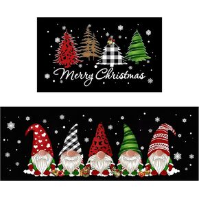 Christmas Kitchen Rugs Set of 2 - Buffalo Plaid Tree Gnomes Black Kitchen mat, Winter Holiday Party Low-Profile Floor Door Mat Merry Christmas Decorations for Home Kitchen