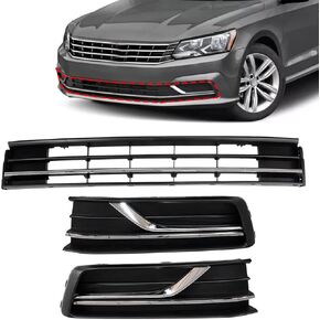 3PCS Front Bumper Lower Grille with Fog Light Cover Replace# 561853665E 561853666E 561853677 Compatible With VW Passat 2012 2013 2014 2015