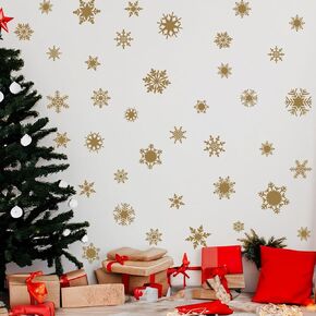 Christmas Snowflakes Wall Decal，Snowflakes Window Stickers，Gold Christmas Window Clings Winter Theme Decorations Stickers，Removable Adhesive Home Decor Decals