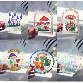 Rainbow Window Film Suncatcher Sticker Indoor, Mushroom Stained Glass Window Decals, Anti Collision Window Clings for Bird Strikes, Sun Catchers Window Rainbow Maker 6pcs