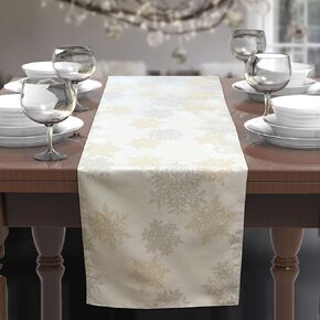 CAIT CHAPMAN HOME COLLECTION Holiday Silver Gold Snowflakes Metallic Jacquard Woven Table Runner (14"x72" Runner)