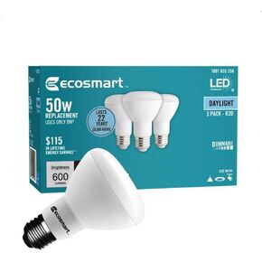 (3-Pack) EcoSmart R20 Daylight LED, Dimmable, 600-Lumen, 5000K, 8-Watt (50-Watt Equivalent) Light Bulb, E26 Medium Base