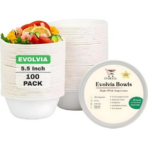Evolvia Disposable Bowls 100% Compostable 2x More Stronger 5.5 Inch 100 counts Sugarcane Bowls, Eco-friendly, Heavy Duty, Microwave Safe Durable & Oil Resistant, Perfect for Every Ocasion