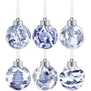6PCS الحلي الكرة Chinoiserie، الأزرق والأبيض شجرة عيد الميلاد شنقا الحلي، مزرعة معبد الطيور الفاوانيا طباعة النسيج ملفوفة كرات خرقة للديكور Chinoiserie الأزرق وعاء الحشو الجدول المركزية in Kuwait