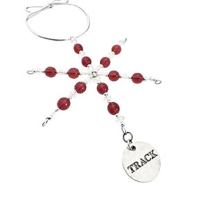 Track Round Ornament - Beaded Snowflake Christmas Ornament/Gift Tag with Round Pewter Track Pendant with Jewelry Box - Handmade with Red Vintage Beads